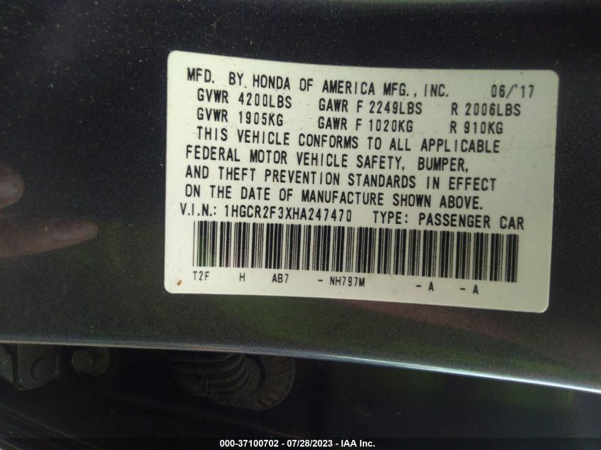 2017 HONDA ACCORD SEDAN LX - 1HGCR2F3XHA247470