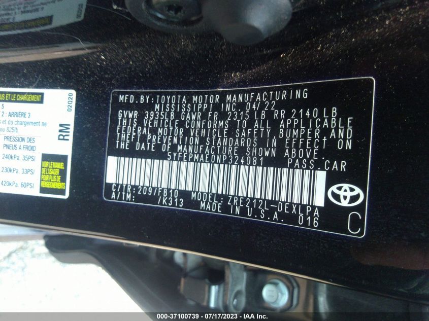 2022 TOYOTA COROLLA LE - 5YFEPMAE0NP324081
