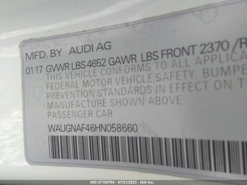 2017 AUDI A4 PREMIUM - WAUGNAF46HN058660