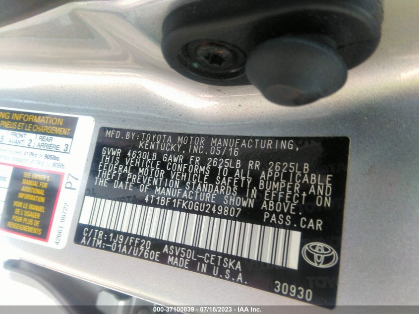 2016 TOYOTA CAMRY XLE/SE/LE/XSE - 4T1BF1FK0GU249807