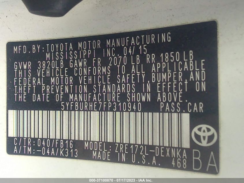 2015 TOYOTA COROLLA L/LE/S/S PLUS/LE PLUS - 5YFBURHE7FP310940