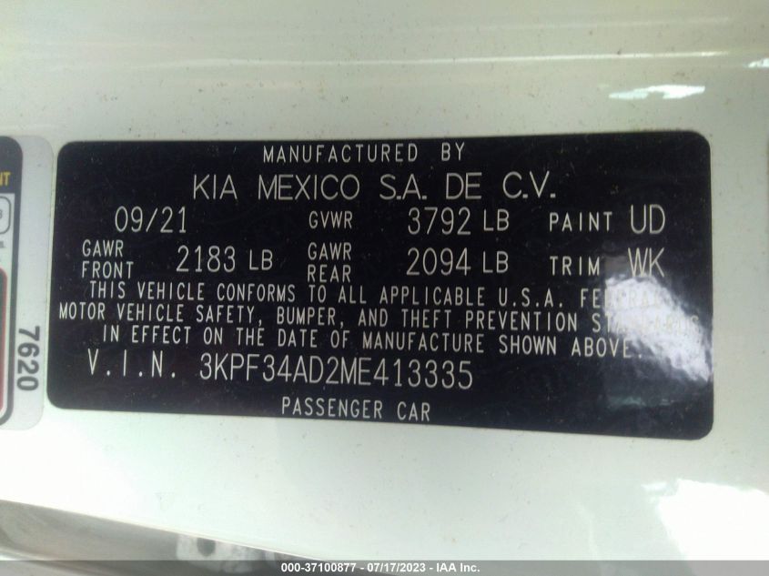 2021 KIA FORTE GT-LINE - 3KPF34AD2ME413335