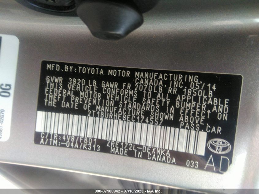 2014 TOYOTA COROLLA L/LE/S/S PLUS/LE PLUS - 2T1BURHE8EC174557