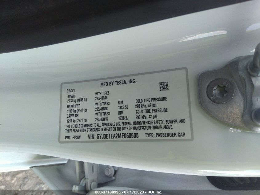 2021 TESLA MODEL 3 STANDARD RANGE PLUS - 5YJ3E1EA2MF060505