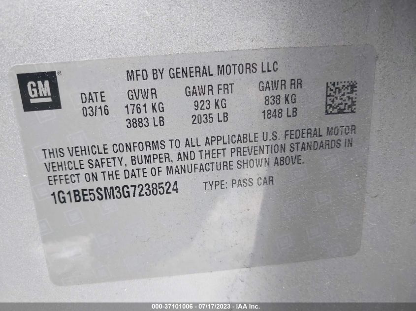 2016 CHEVROLET CRUZE LT - 1G1BE5SM3G7238524