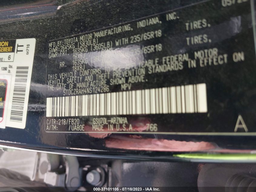 2022 TOYOTA HIGHLANDER L - 5TDCZRAH4NS124286