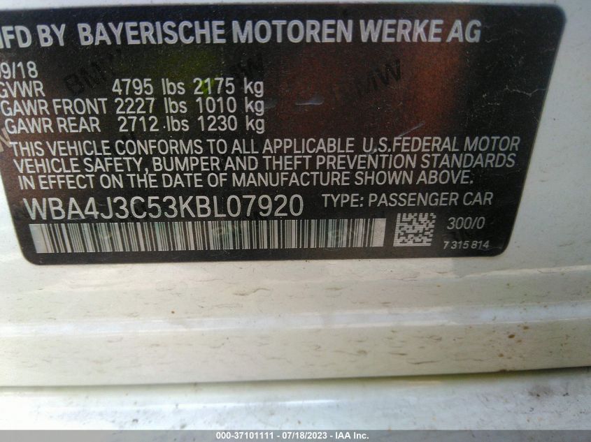 2019 BMW 4 SERIES 430I XDRIVE - WBA4J3C53KBL07920