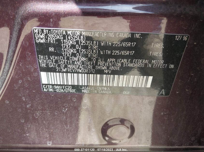 2017 TOYOTA RAV4 XLE 2T3WFREV7HW338312