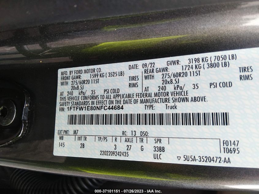2022 FORD F-150 XL/XLT/LARIAT - 1FTFW1E80NFC44684