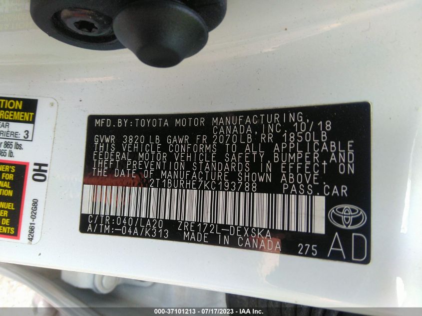 2019 TOYOTA COROLLA L/LE/SE/XLE/XSE - 2T1BURHE7KC193788