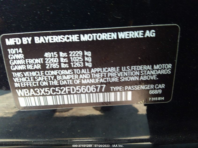 2015 BMW 3 SERIES GRAN TURISMO 328I XDRIVE WBA3X5C52FD560677