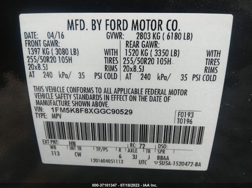 2016 FORD EXPLORER LIMITED - 1FM5K8F8XGGC90529