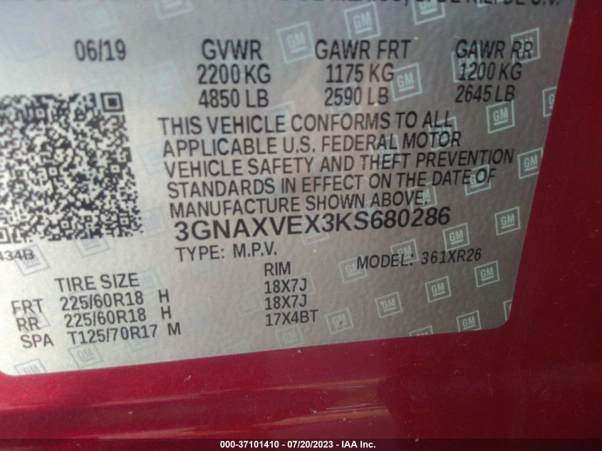 2019 CHEVROLET EQUINOX LT - 3GNAXVEX3KS680286
