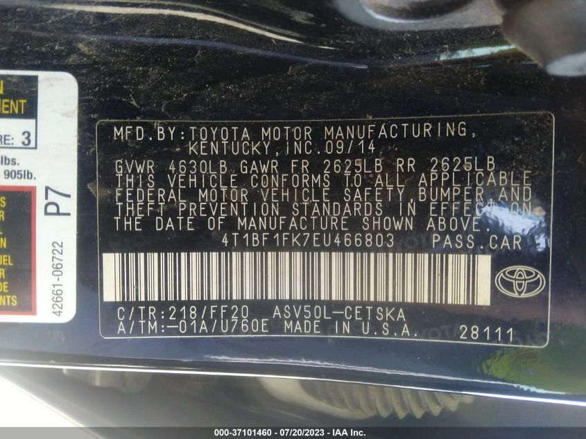 2014 TOYOTA CAMRY L/LE/XLE/SE/SE SPORT - 4T1BF1FK7EU466803