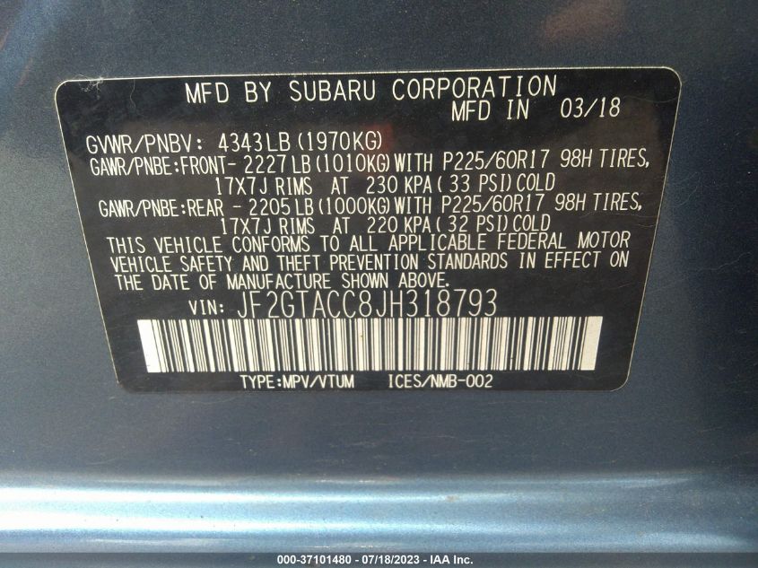 2018 SUBARU CROSSTREK PREMIUM - JF2GTACC8JH318793