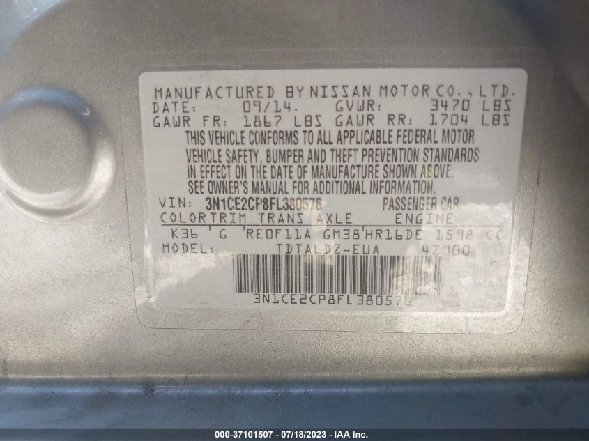 2015 NISSAN VERSA NOTE S/S PLUS/SV/SR/SL - 3N1CE2CP8FL380576