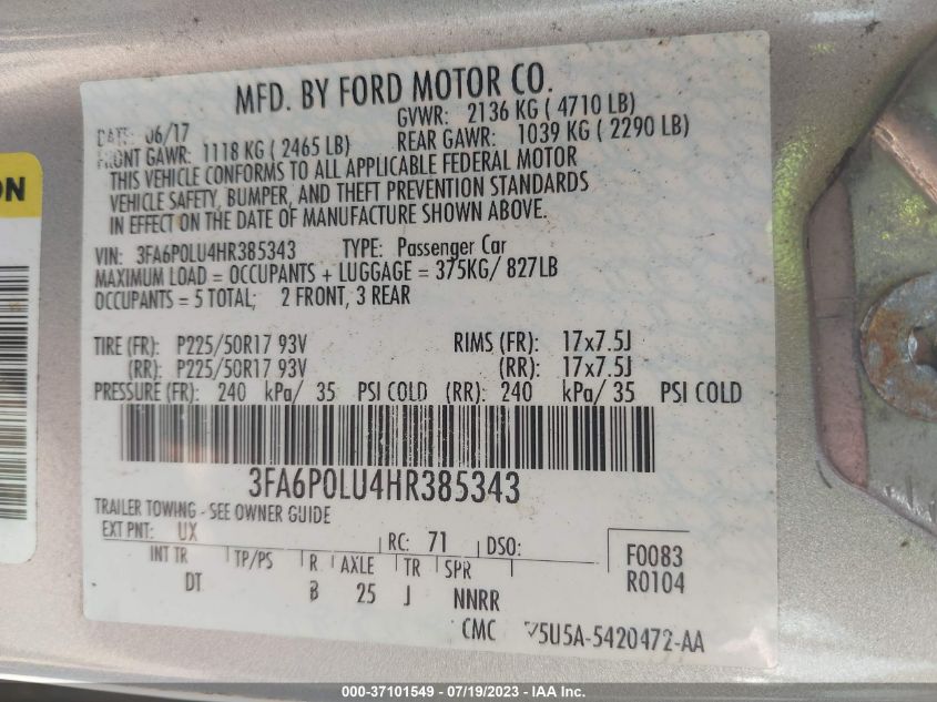 2017 FORD FUSION HYBRID SE - 3FA6P0LU4HR385343