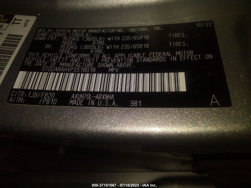 2023 TOYOTA HIGHLANDER HYBRID LE - 5TDZARAH4PS518018