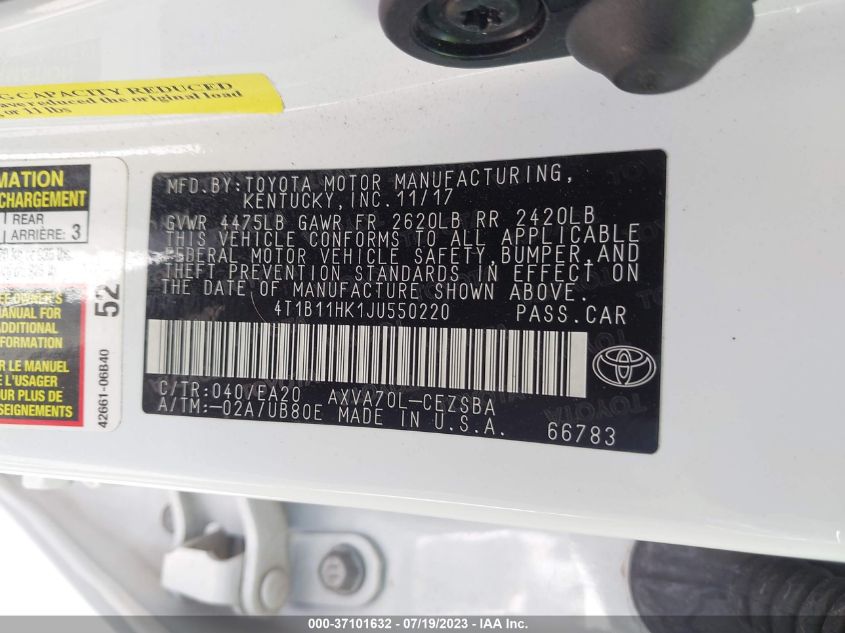 2018 TOYOTA CAMRY LE/SE/XLE/L - 4T1B11HK1JU550220