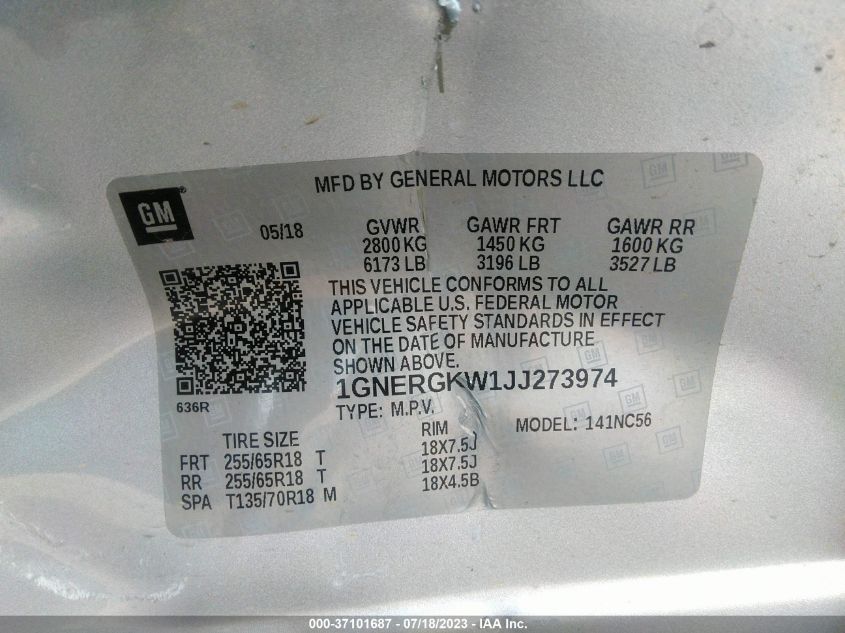 2018 CHEVROLET TRAVERSE LT CLOTH - 1GNERGKW1JJ273974