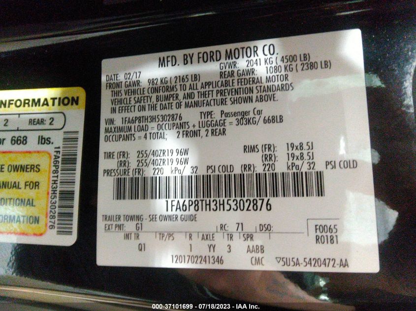 2017 FORD MUSTANG ECOBOOST - 1FA6P8TH3H5302876