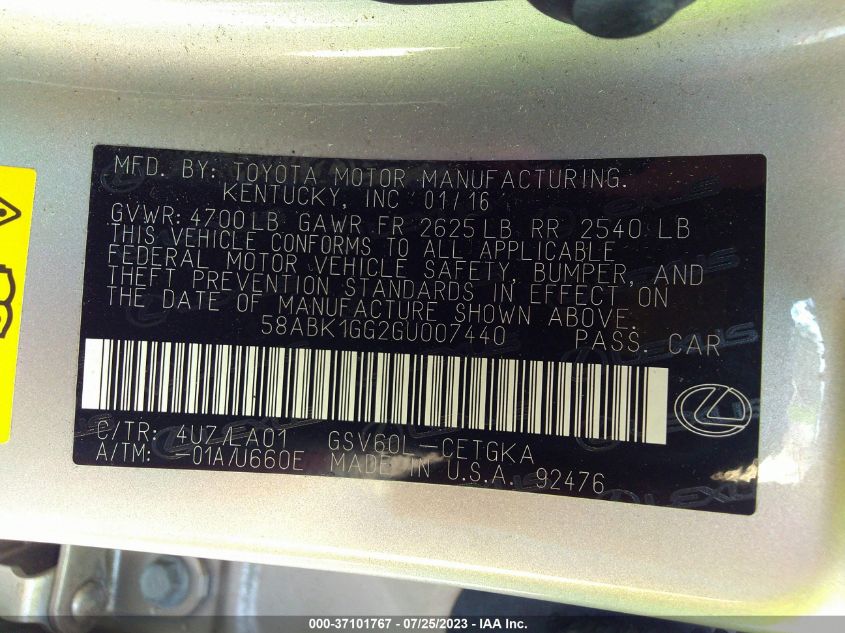 2016 LEXUS ES 350 - 58ABK1GG2GU007440