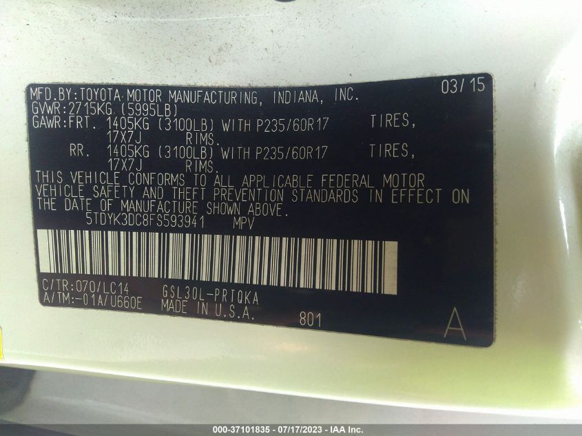 2015 TOYOTA SIENNA XLE/XLE AAS/LTD - 5TDYK3DC8FS593941