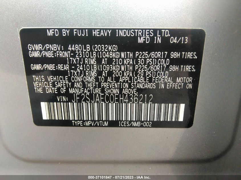 2014 SUBARU FORESTER 2.5I PREMIUM - JF2SJAEC0EH436212