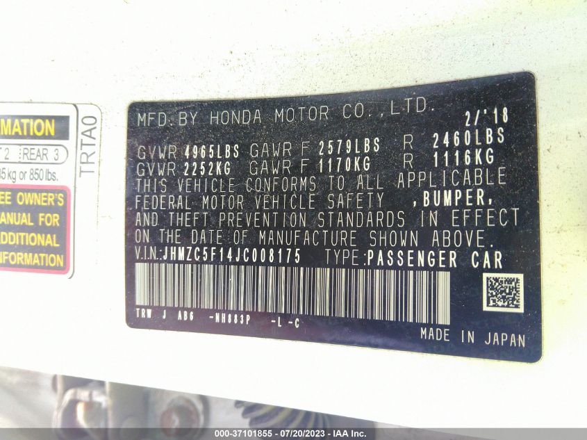 2018 HONDA CLARITY PLUG-IN HYBRID JHMZC5F14JC008175