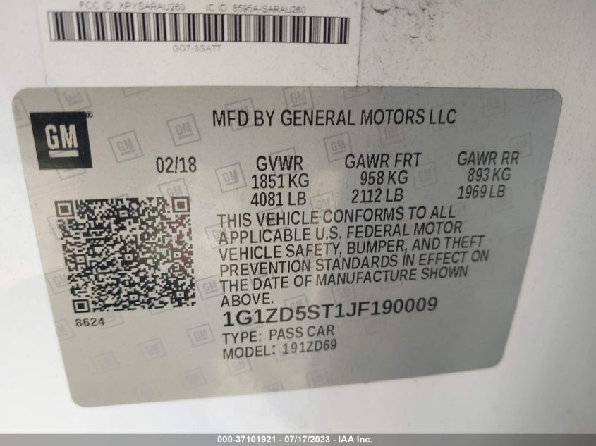 2018 CHEVROLET MALIBU LT - 1G1ZD5ST1JF190009