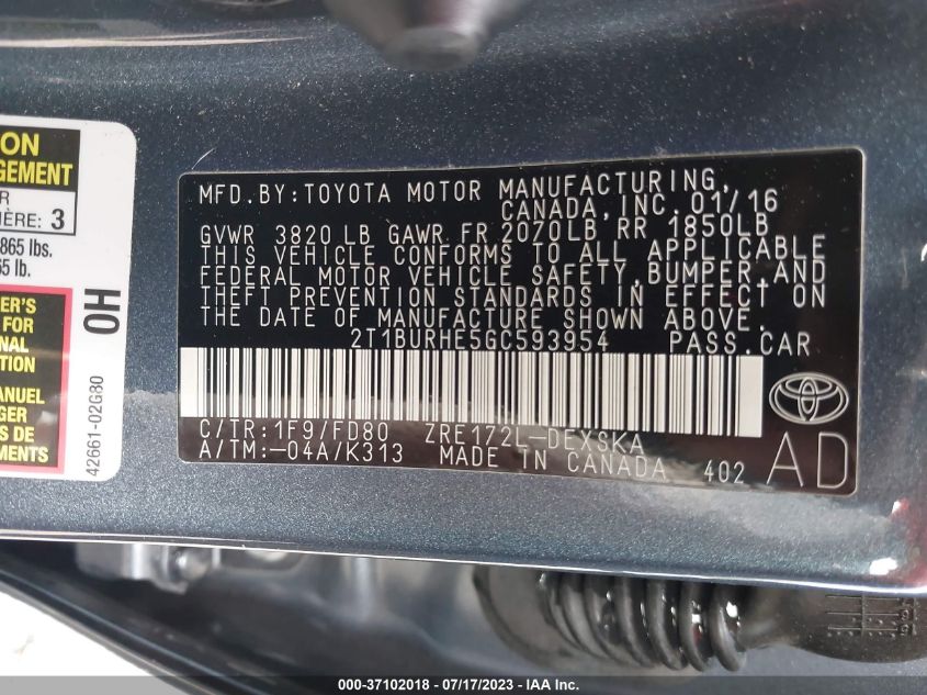 2016 TOYOTA COROLLA S - 2T1BURHE5GC593954