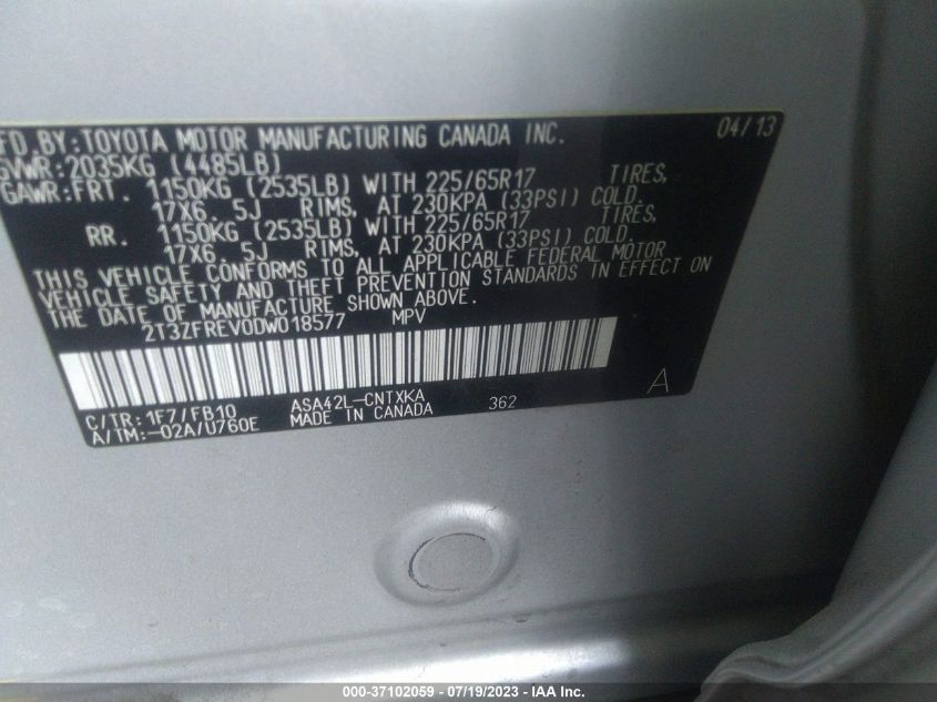 2013 TOYOTA RAV4 LE - 2T3ZFREV0DW018577