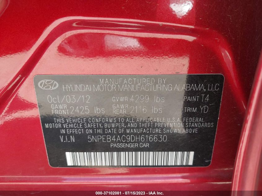2013 HYUNDAI SONATA GLS PZEV - 5NPEB4AC9DH616630