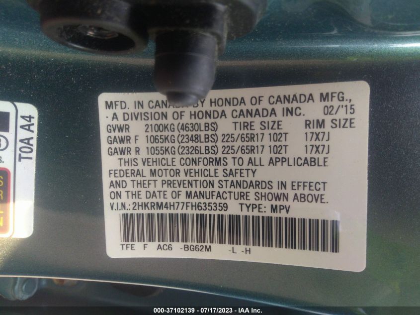 2015 HONDA CR-V EX-L - 2HKRM4H77FH635359