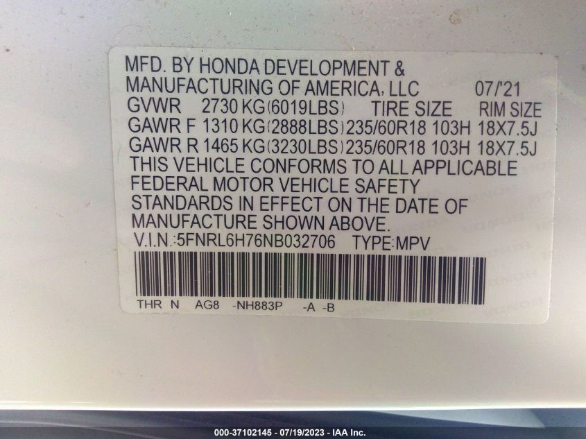 2022 HONDA ODYSSEY EX-L - 5FNRL6H76NB032706