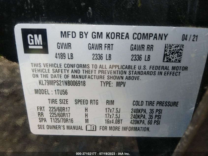 2022 CHEVROLET TRAILBLAZER LT - KL79MPS21NB006918
