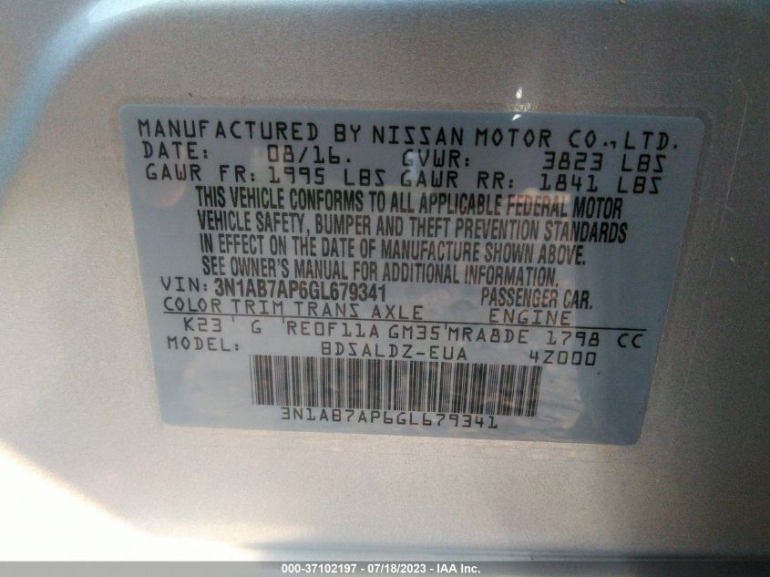 2016 NISSAN SENTRA SV - 3N1AB7AP6GL679341