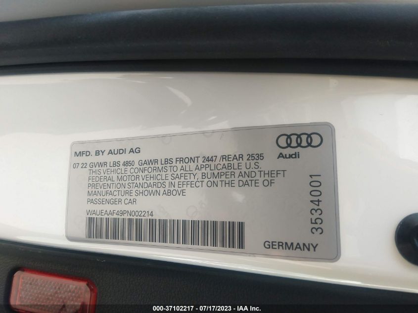 2023 AUDI A4 SEDAN S LINE PREMIUM PLUS - WAUEAAF49PN002214