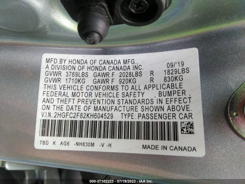 2019 HONDA CIVIC SEDAN SPORT - 2HGFC2F82KH604529