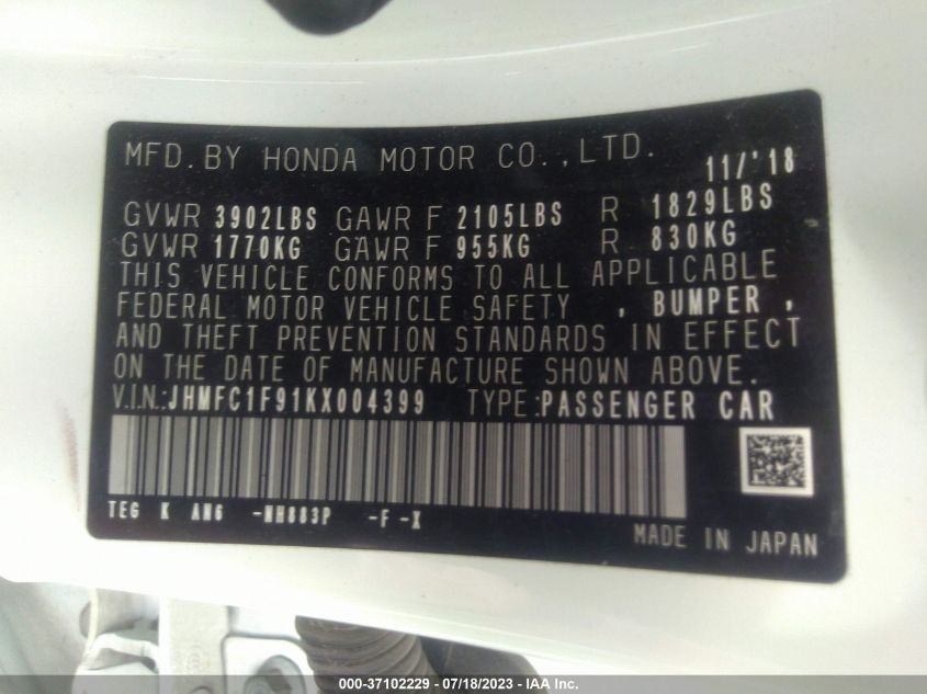 2019 HONDA CIVIC SEDAN TOURING - JHMFC1F91KX004399