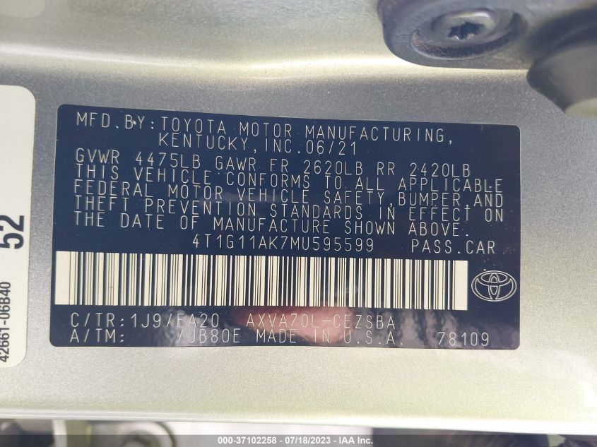 2021 TOYOTA CAMRY SE/SE NIGHT SHADE - 4T1G11AK7MU595599