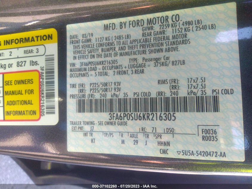 2019 FORD FUSION ENERGI TITANIUM - 3FA6P0SU6KR216305