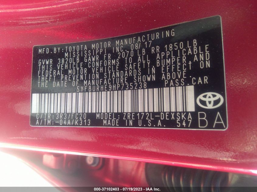 2017 TOYOTA COROLLA L/LE/XLE/SE - 5YFBURHE9HP735238