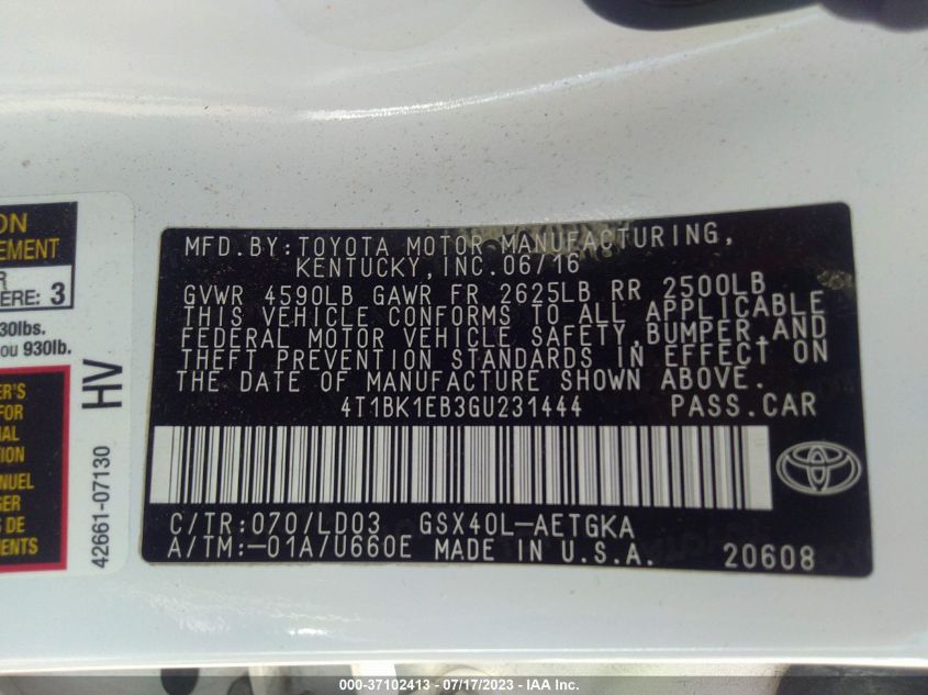 2016 TOYOTA AVALON LIMITED/TOURING/XLE - 4T1BK1EB3GU231444