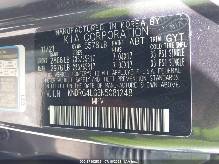 2022 KIA SORENTO HYBRID S KNDRG4LG3N5081248
