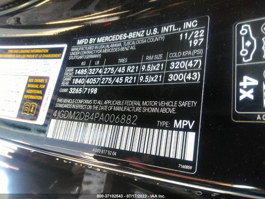 2023 MERCEDES-BENZ EQS EQS 450+ 4JGDM2DB4PA006882