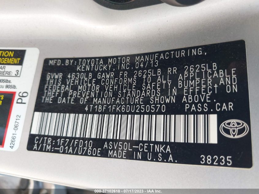 2013 TOYOTA CAMRY L/LE/SE/XLE - 4T1BF1FK6DU250570