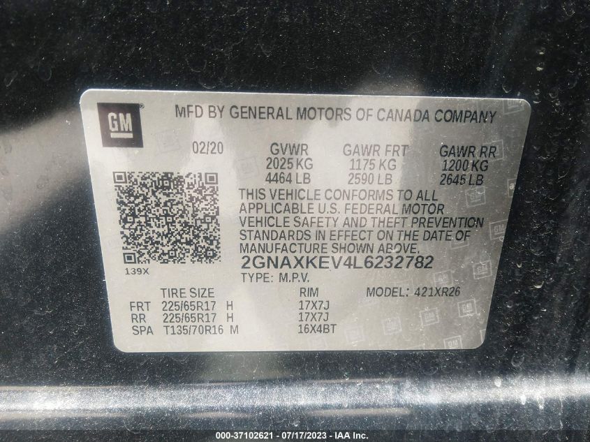 2020 CHEVROLET EQUINOX LT - 2GNAXKEV4L6232782