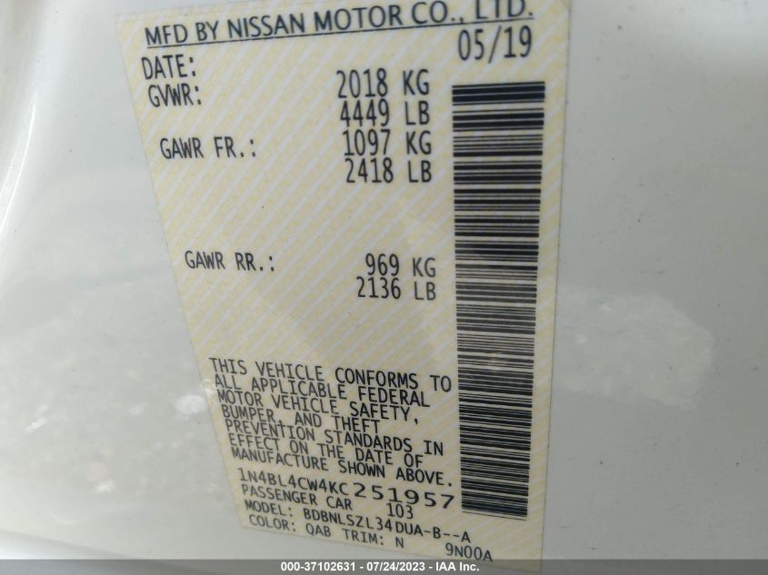 2019 NISSAN ALTIMA 2.5 SR - 1N4BL4CW4KC251957