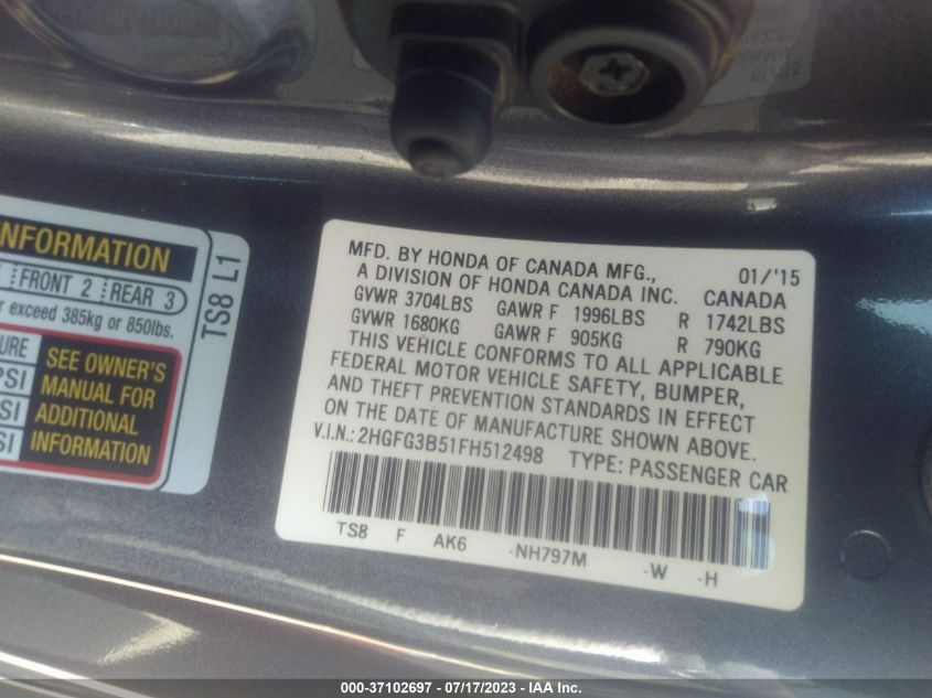 2015 HONDA CIVIC COUPE LX - 2HGFG3B51FH512498